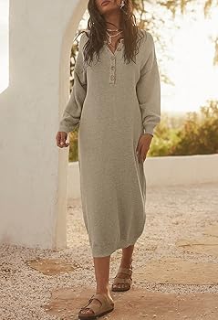 Cutiefox Women Grey Dress, Fall Winter Waffle Knit Sweater Button